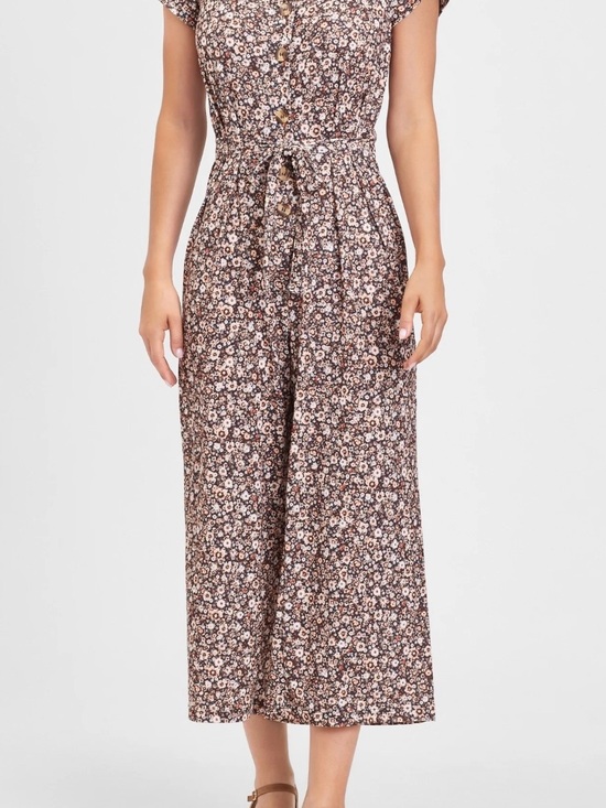 Lascana Pants - Lascana Brown Floral Jumpsuit Wide Leg Tie Waist Cottagecore Size 8